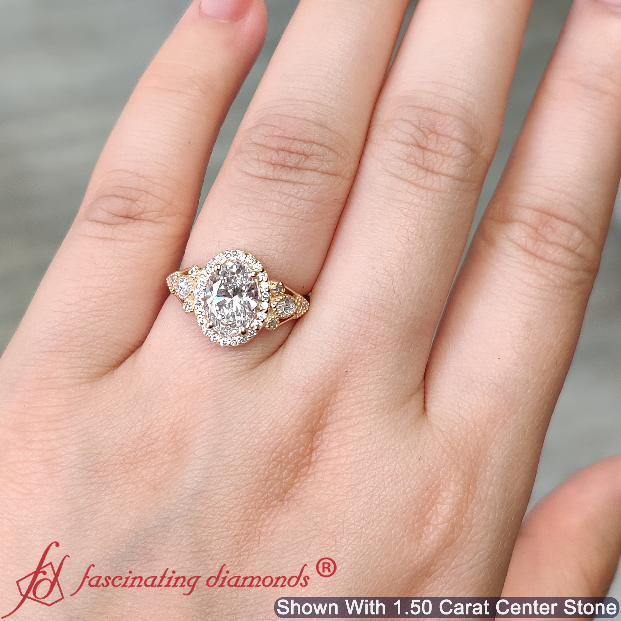 Oval diamond Halo Edwardian Engagement Ring In 14K Yellow Gold Fascinating Diamonds